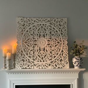White Floral Wall Decor wooden boho Distressed antique headboard mandala art 3pc